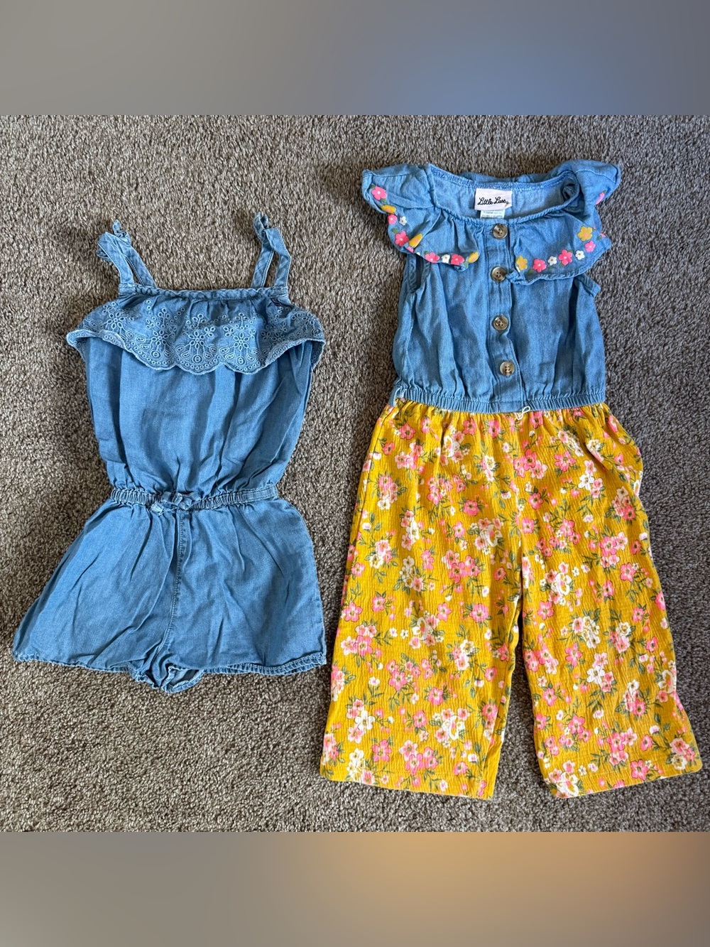 Little Lass Blue Denim-Style Romper & Yellow Floral Jumpsuit Set
